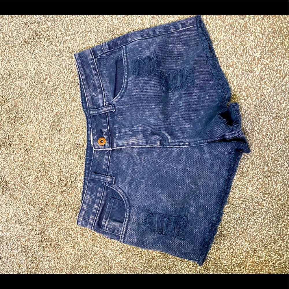 Dark Blue Stone Washed Frayed & Distressed Shorts